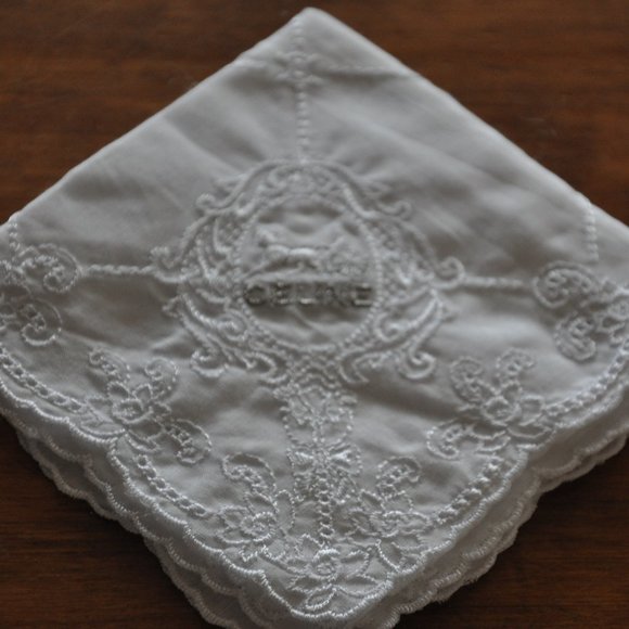 New Vintage Celine White Silk Handkerchief Embroidered Scalloped Edges Square - Picture 4 of 4